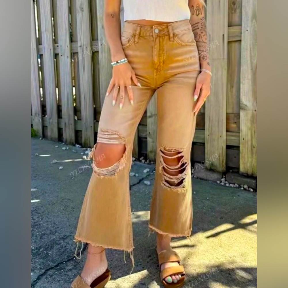 Distressed wide leg jeans